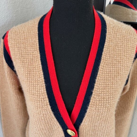 J Crew Cashmere Waffle Knit Cardigan Sweater Camel Tan Striped XS - Picture 8 of 14